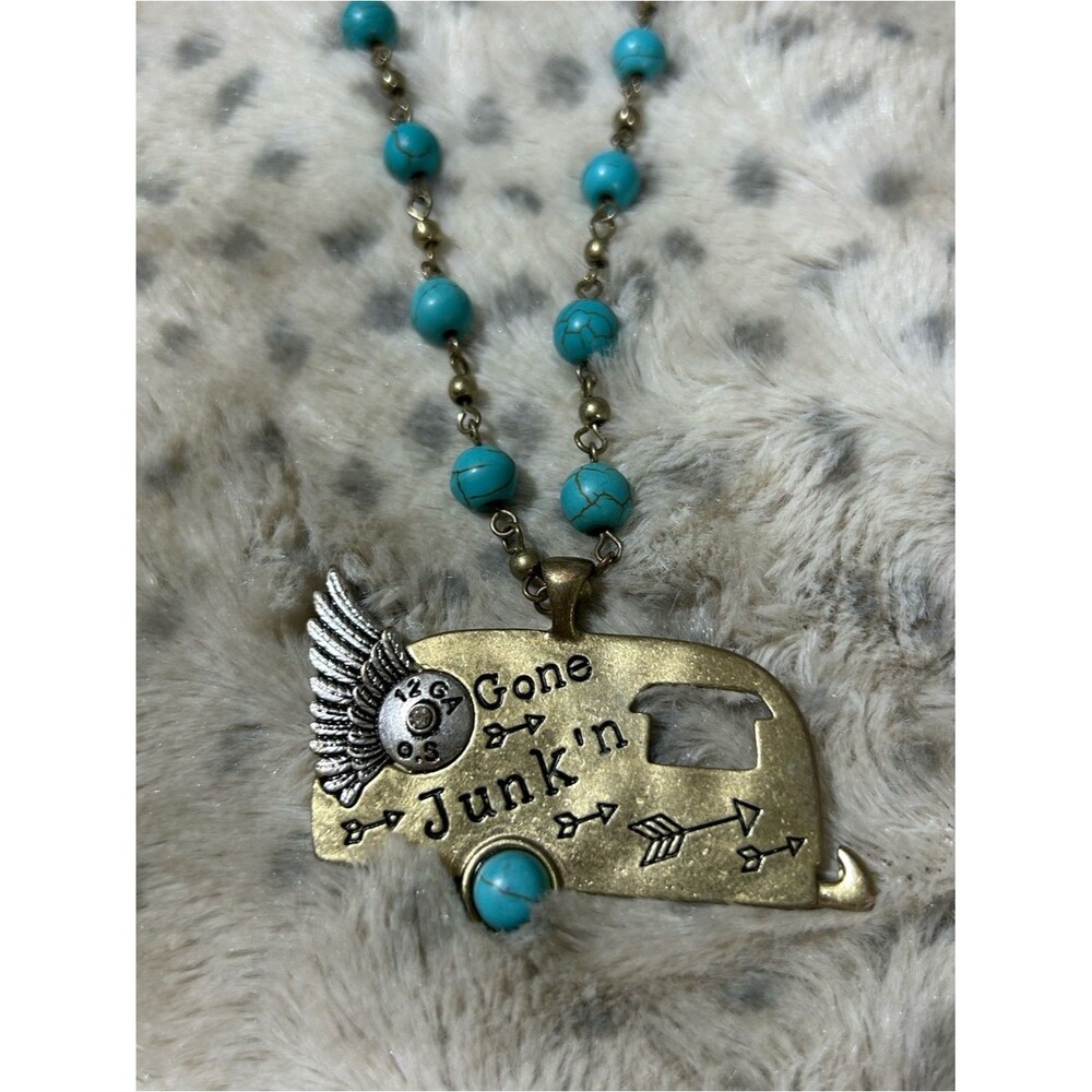 Turquoise Bead Necklace Gone Junk'n Camper 34” + extender